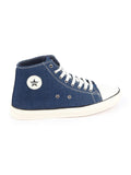 Men Navy Blue Mid Top Star Toe Cap Upper Denim 8-Eye Lace Up Canvas Sneakers Shoes