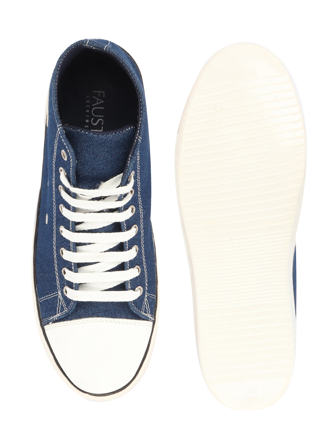 Shop Men Navy Blue Mid Top Star Toe Cap Upper Denim 8-Eye Lace Up Canvas Sneakers Shoes Online.