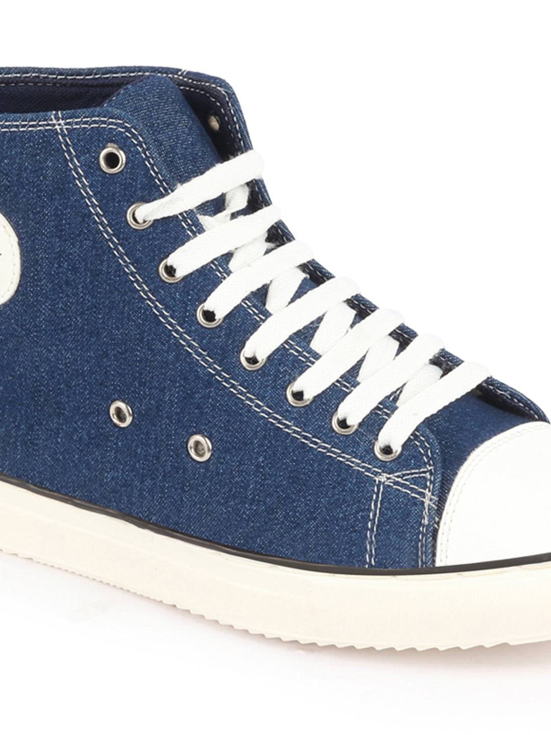 Shop Men Navy Blue Mid Top Star Toe Cap Upper Denim 8-Eye Lace Up Canvas Sneakers Shoes Online.