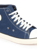 Men Navy Blue Mid Top Star Toe Cap Upper Denim 8-Eye Lace Up Canvas Sneakers Shoes