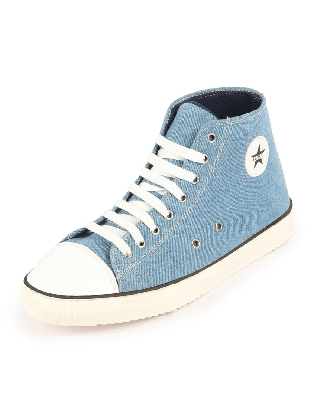 Men Sky Blue Mid Top Star Toe Cap Upper Denim 8-Eye Lace Up Canvas Sneakers Shoes