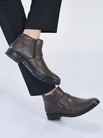 men brown mid top buckle side zipper single strap monk boots