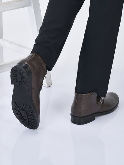 men brown mid top buckle side zipper single strap monk boots