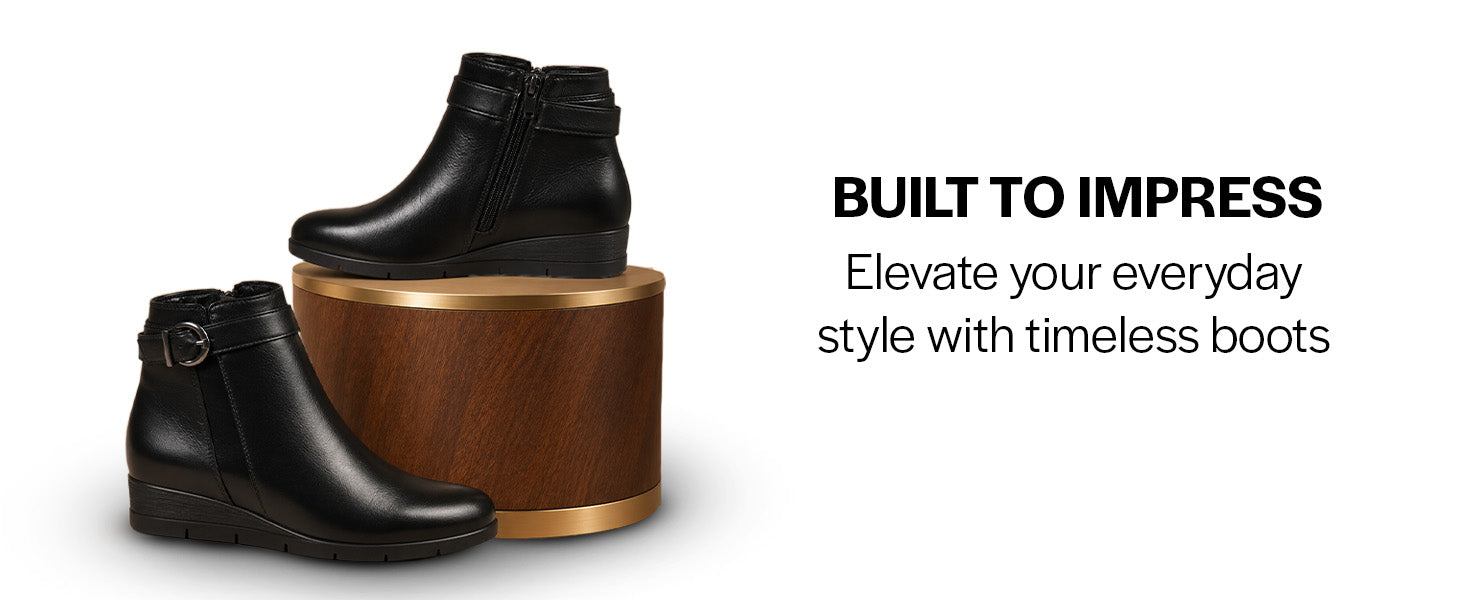 Women Black High Ankle Broad Feet Side Zipper Closure Casual Buckle Boots