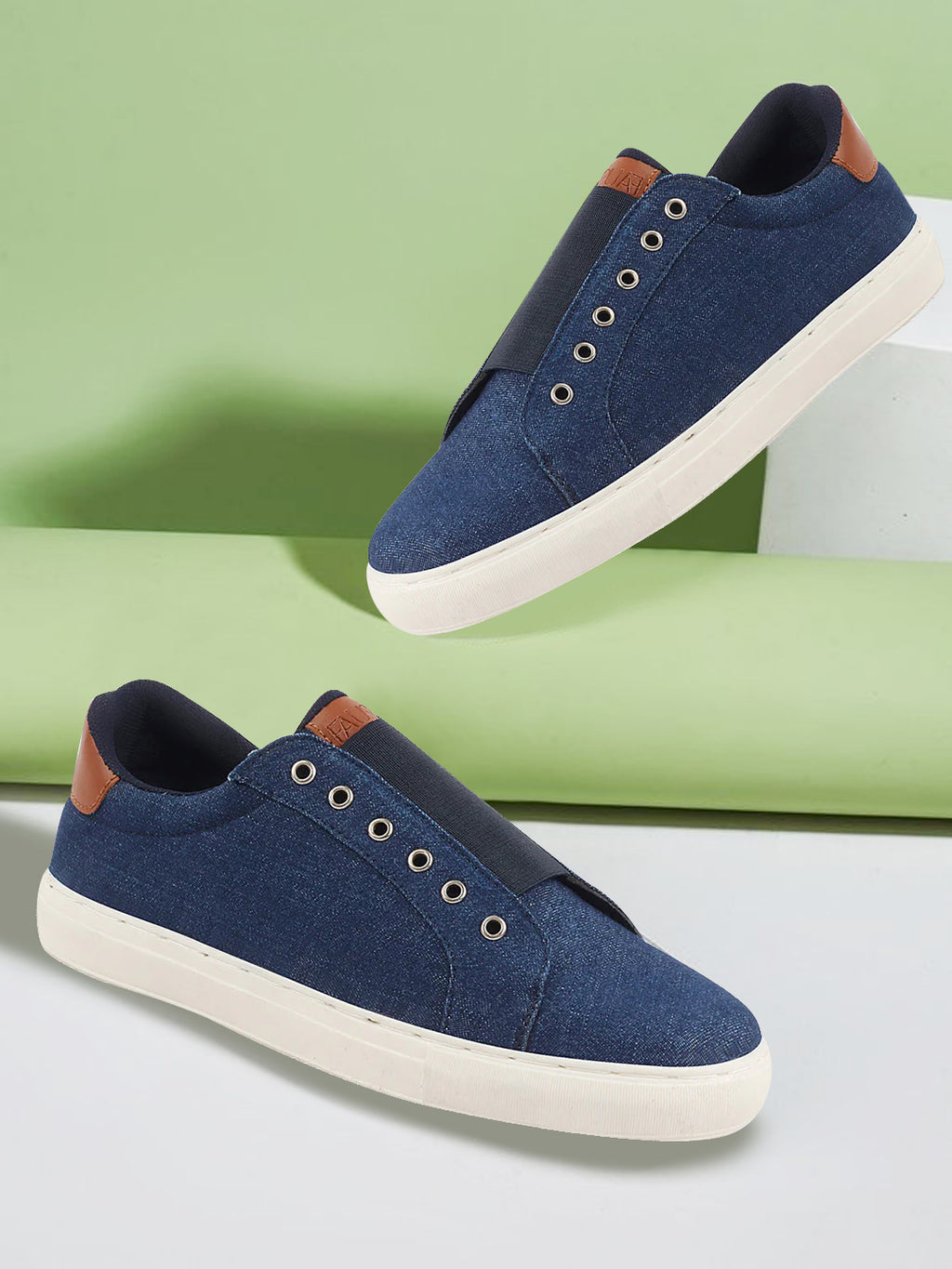 Shop Men Navy Blue Elastic Closure Comfort Canvas Denim Slip On Sneaker Shoes Online.