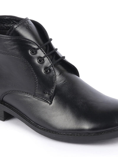 Men Black Genuine Leather Broad Feet Mid Top Chukka Lace Up Boots with TPR Welted Sole