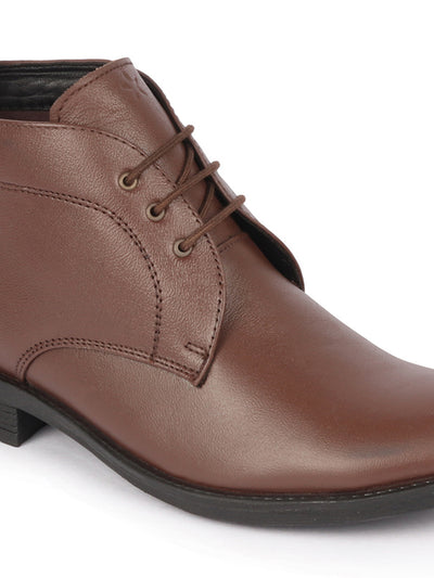 Men Brown Genuine Leather Broad Feet Mid Top Chukka Lace Up Boots with TPR Welted Sole