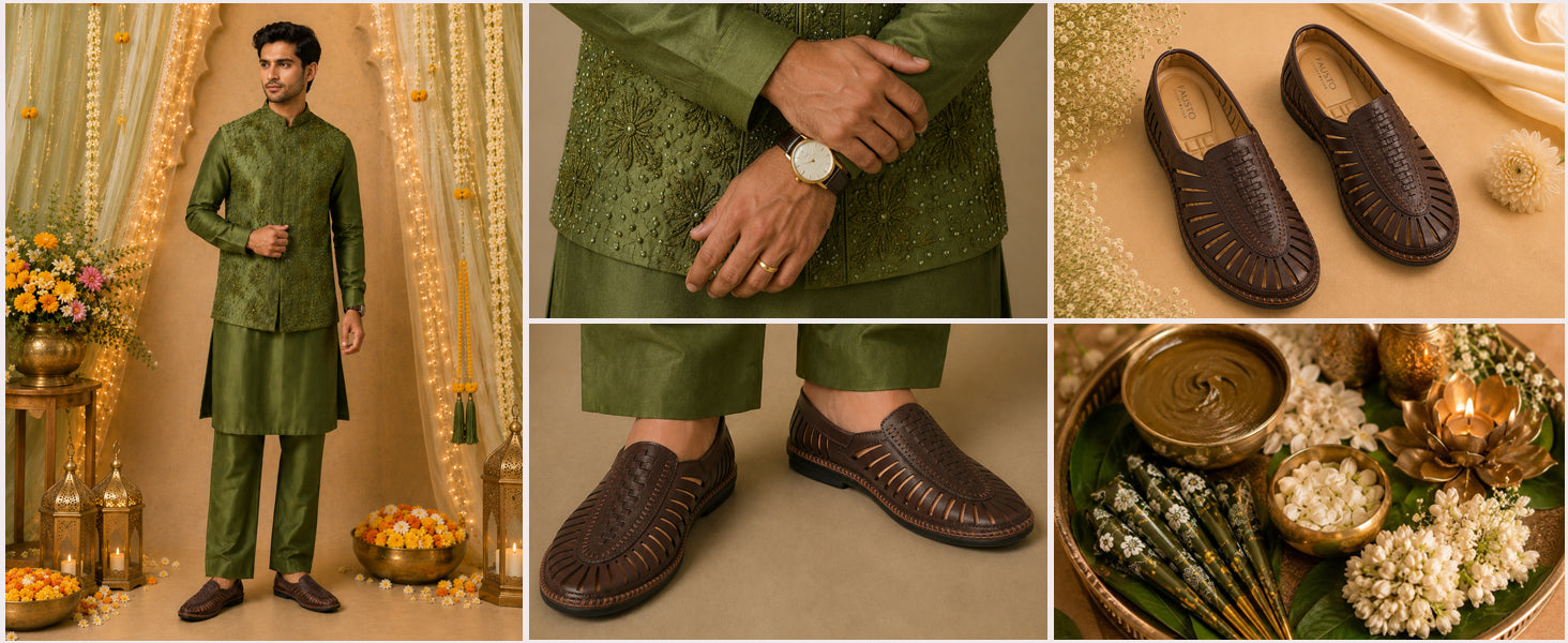 Men Black Laser Cut Stitched Ethnic Jutis & Mojaris