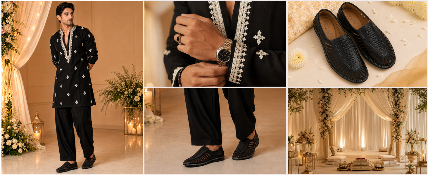 Men Black Laser Cut Stitched Ethnic Jutis & Mojaris