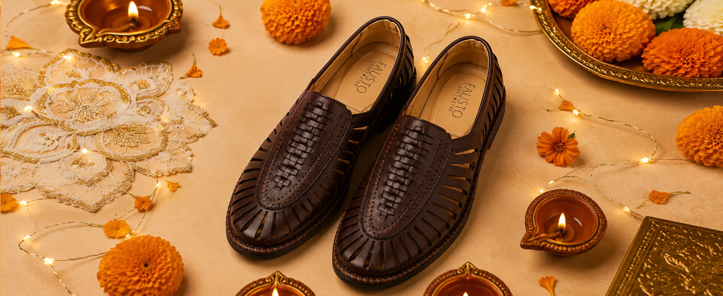 Men Black Laser Cut Stitched Ethnic Jutis & Mojaris