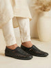 Men Black Laser Cut Stitched Ethnic Jutis & Mojaris