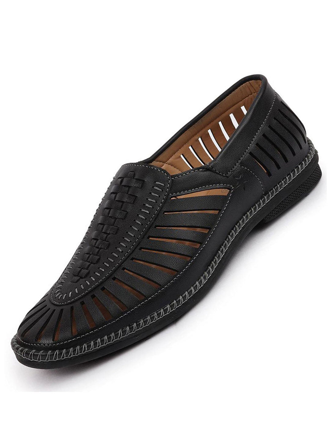 Men Black Laser Cut Stitched Ethnic Jutis & Mojaris