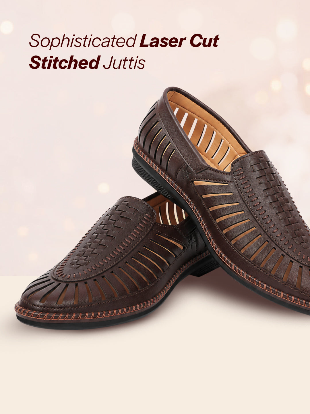 men brown laser cut stitched ethnic jutis & mojaris