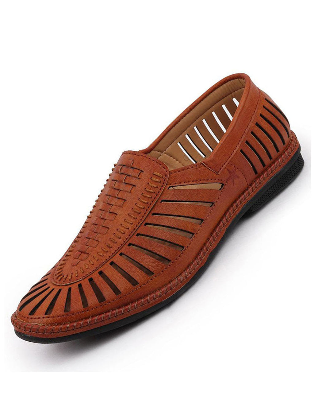 Men Tan Laser Cut Stitched Ethnic Jutis & Mojaris