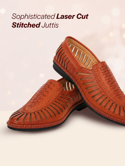 men tan laser cut stitched ethnic jutis & mojaris