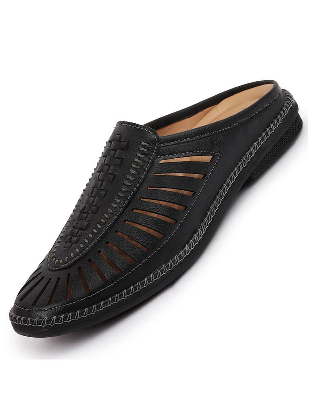 Shop Men Black Back Open Laser Cut Stitched Ethnic Mojaris Online.