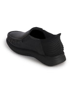 Men Black Genuine Leather Upper Stitched Round Toe Formal Hands-Free Slip-IN Shoe with Heel Collar Padded|Slip Resistant EVA Sole|Leather Memory Cushioned Insole