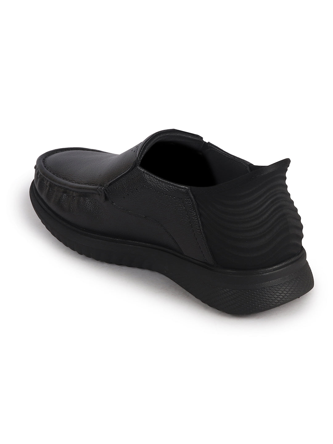 Men Black Genuine Leather Upper Stitched Round Toe Formal Hands-Free Slip-IN Shoe with Heel Collar Padded|Slip Resistant EVA Sole|Leather Memory Cushioned Insole