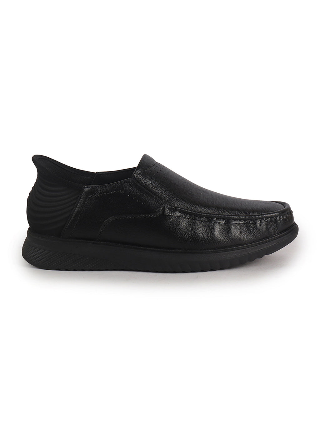 Men Black Genuine Leather Upper Stitched Round Toe Formal Hands-Free Slip-IN Shoe with Heel Collar Padded|Slip Resistant EVA Sole|Leather Memory Cushioned Insole
