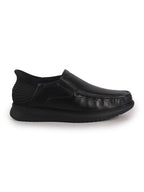 Men Black Genuine Leather Upper Stitched Round Toe Formal Hands-Free Slip-IN Shoe with Heel Collar Padded|Slip Resistant EVA Sole|Leather Memory Cushioned Insole