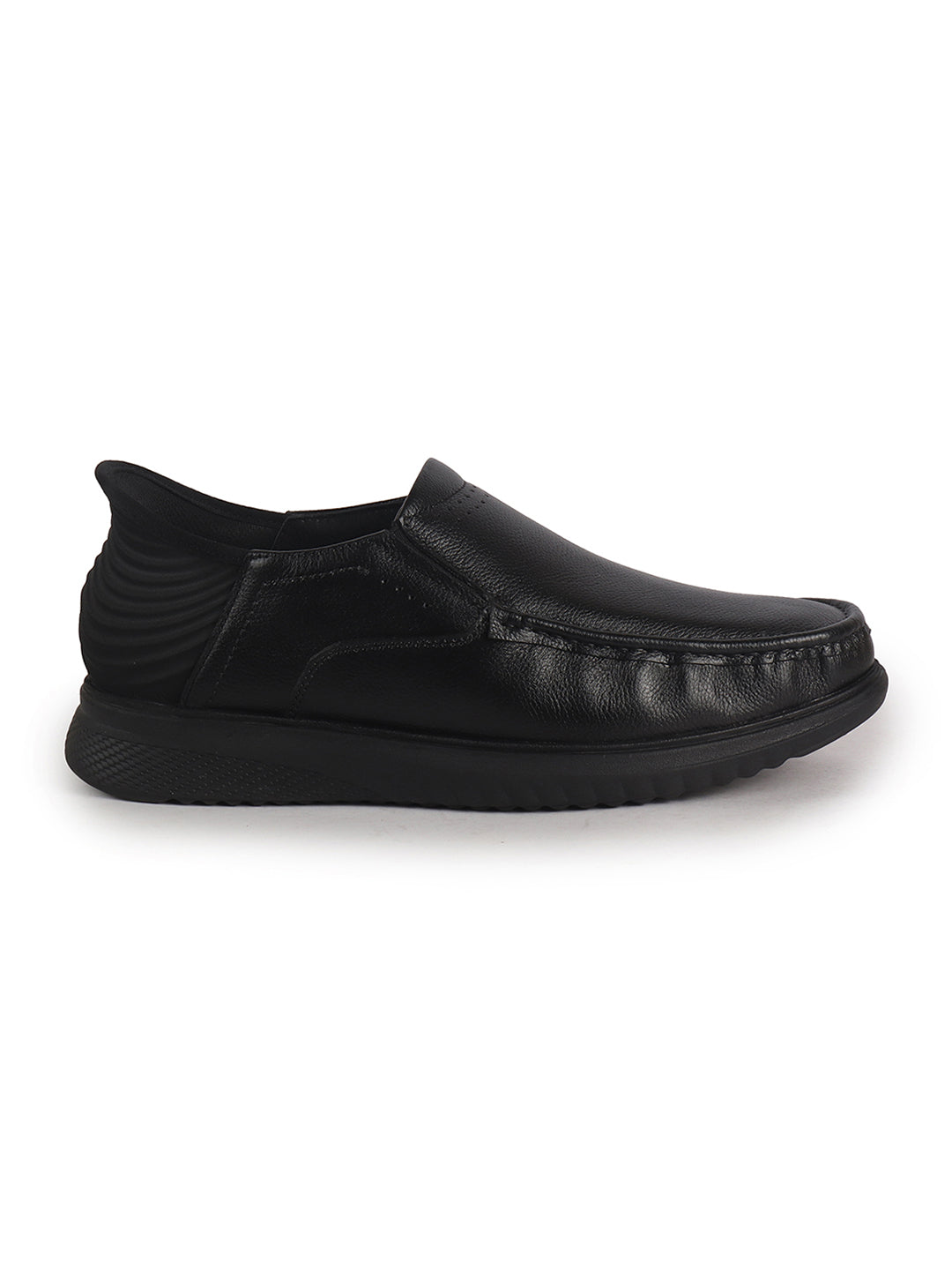 Men Black Genuine Leather Upper Stitched Round Toe Formal Hands-Free Slip-IN Shoe with Heel Collar Padded|Slip Resistant EVA Sole|Leather Memory Cushioned Insole