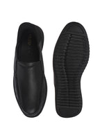 Men Black Genuine Leather Upper Stitched Round Toe Formal Hands-Free Slip-IN Shoe with Heel Collar Padded|Slip Resistant EVA Sole|Leather Memory Cushioned Insole