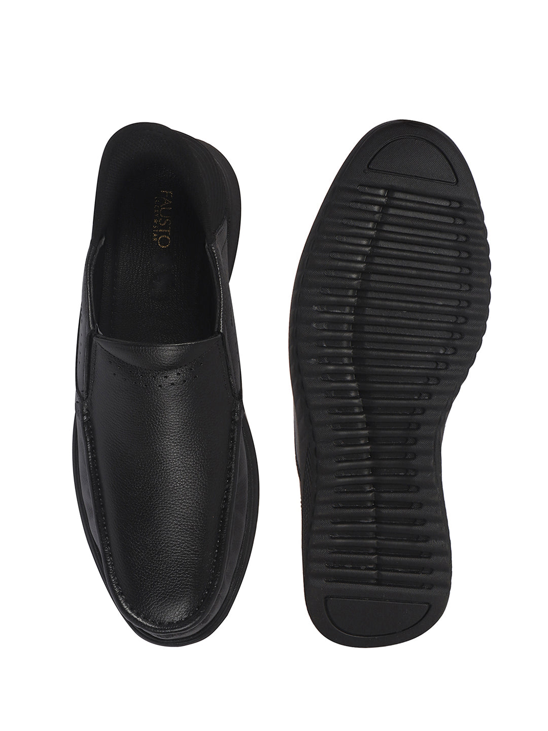 Men Black Genuine Leather Upper Stitched Round Toe Formal Hands-Free Slip-IN Shoe with Heel Collar Padded|Slip Resistant EVA Sole|Leather Memory Cushioned Insole