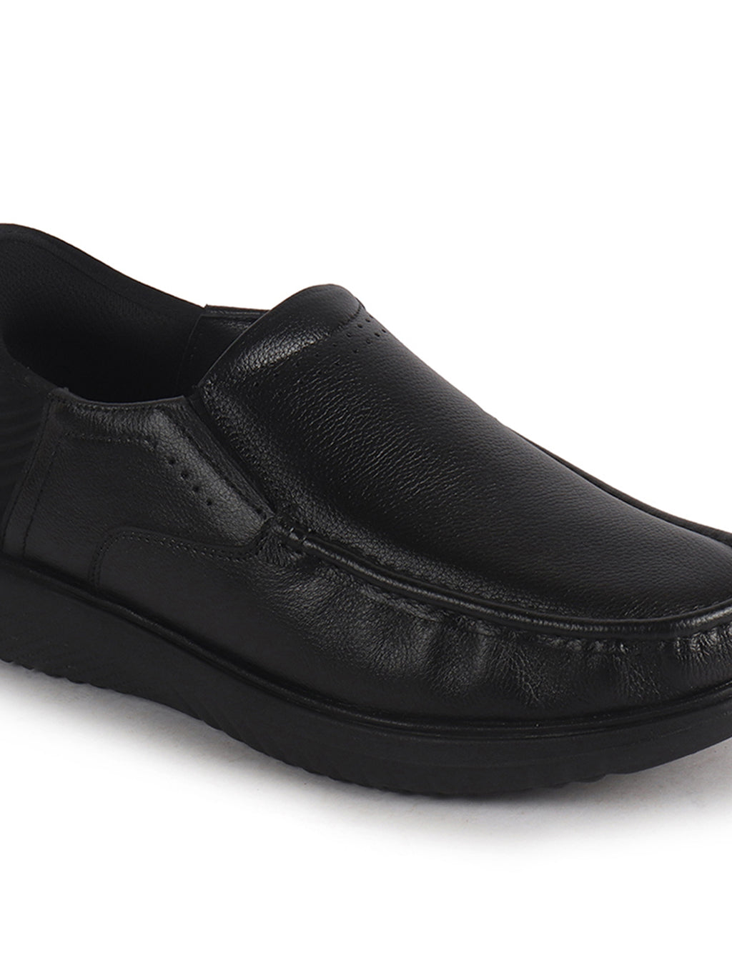 Men Black Genuine Leather Upper Stitched Round Toe Formal Hands-Free Slip-IN Shoe with Heel Collar Padded|Slip Resistant EVA Sole|Leather Memory Cushioned Insole