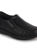 Men Black Genuine Leather Upper Stitched Round Toe Formal Hands-Free Slip-IN Shoe with Heel Collar Padded|Slip Resistant EVA Sole|Leather Memory Cushioned Insole