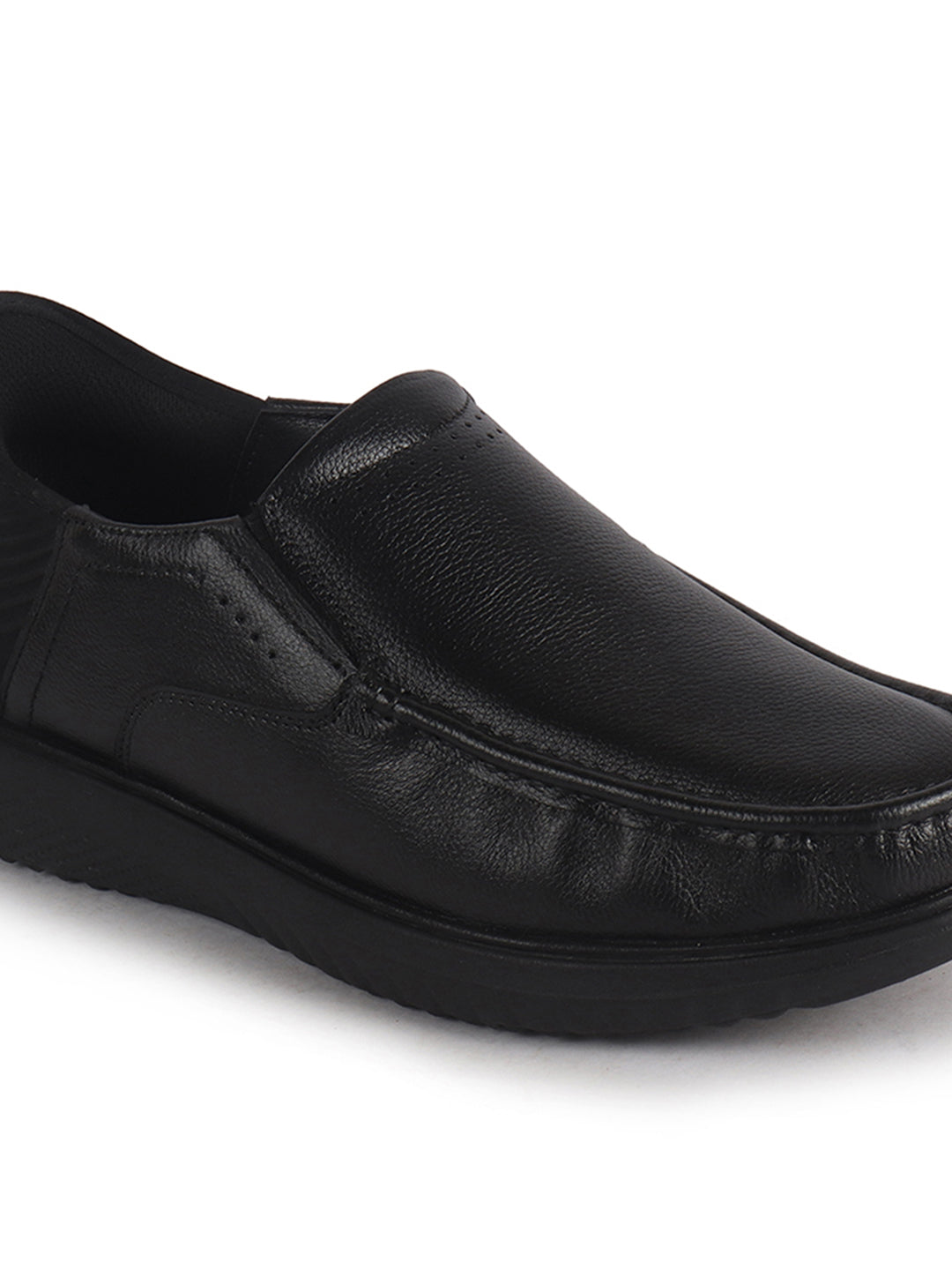 Men Black Genuine Leather Upper Stitched Round Toe Formal Hands-Free Slip-IN Shoe with Heel Collar Padded|Slip Resistant EVA Sole|Leather Memory Cushioned Insole