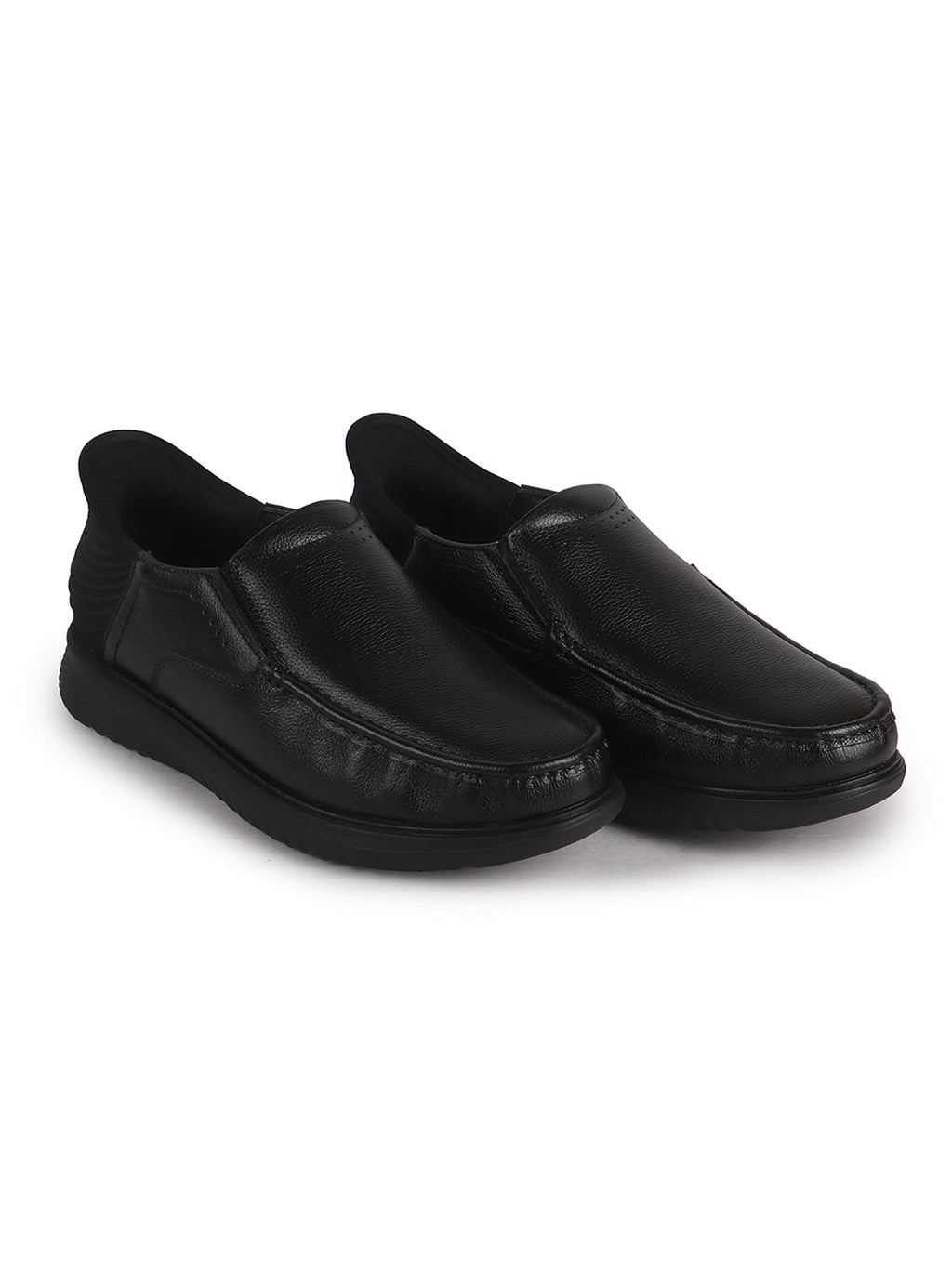 Men Black Genuine Leather Upper Stitched Round Toe Formal Hands-Free Slip-IN Shoe with Heel Collar Padded|Slip Resistant EVA Sole|Leather Memory Cushioned Insole