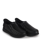 Men Black Genuine Leather Upper Stitched Round Toe Formal Hands-Free Slip-IN Shoe with Heel Collar Padded|Slip Resistant EVA Sole|Leather Memory Cushioned Insole