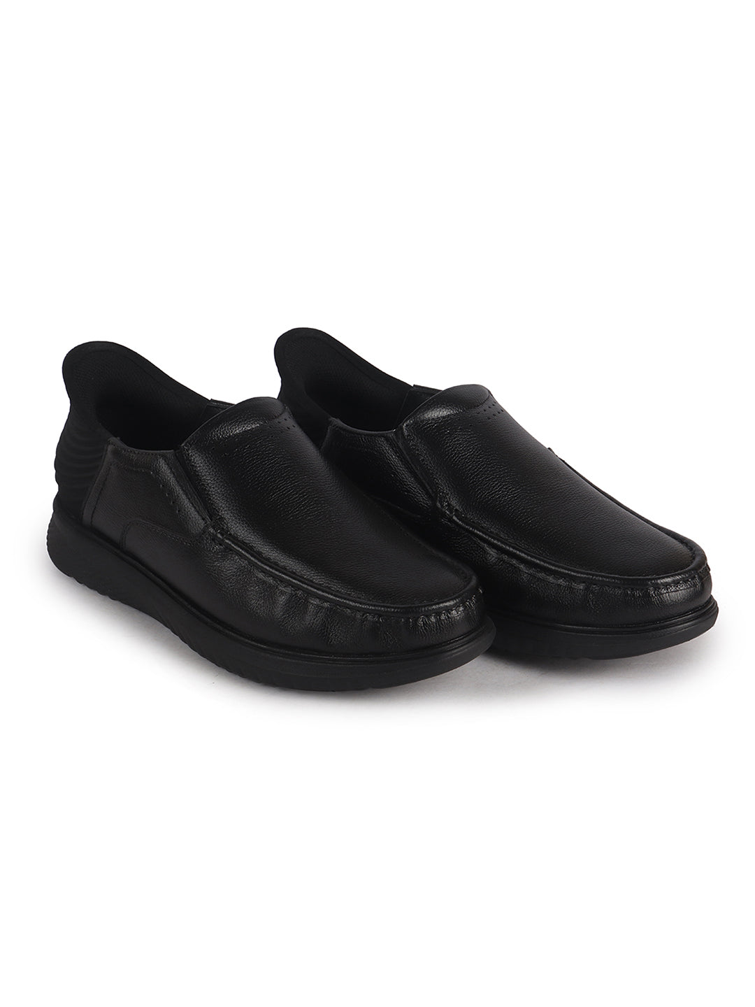 Men Black Genuine Leather Upper Stitched Round Toe Formal Hands-Free Slip-IN Shoe with Heel Collar Padded|Slip Resistant EVA Sole|Leather Memory Cushioned Insole