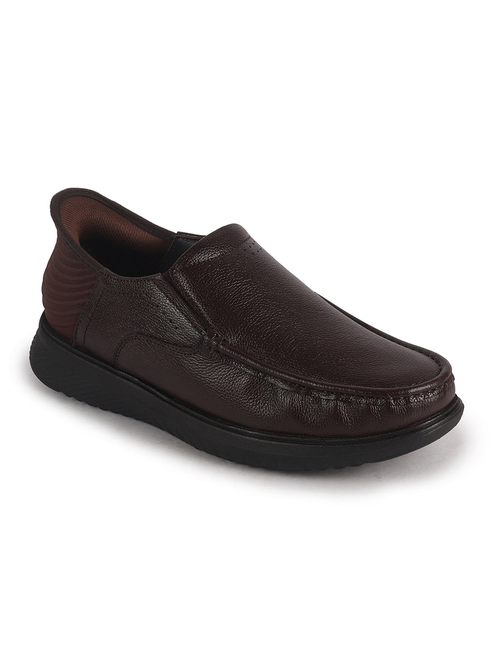 Men Brown Genuine Leather Upper Stitched Round Toe Formal Hands-Free Slip-IN Shoe with Heel Collar Padded|Slip Resistant EVA Sole|Leather Memory Cushioned Insole