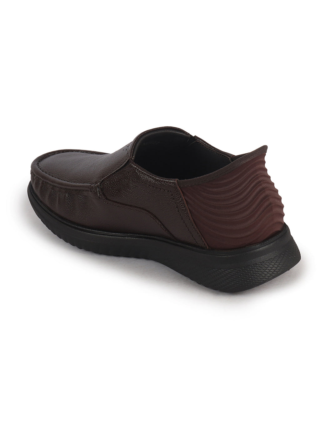 Men Brown Genuine Leather Upper Stitched Round Toe Formal Hands-Free Slip-IN Shoe with Heel Collar Padded|Slip Resistant EVA Sole|Leather Memory Cushioned Insole