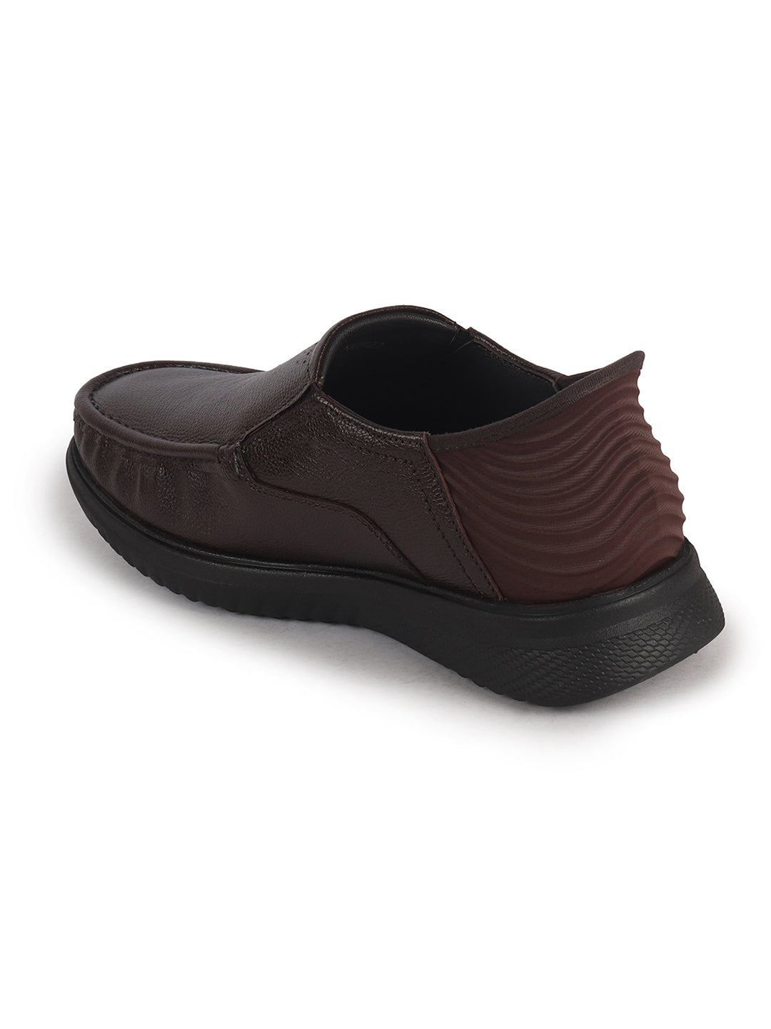 Men Brown Genuine Leather Upper Stitched Round Toe Formal Hands-Free Slip-IN Shoe with Heel Collar Padded|Slip Resistant EVA Sole|Leather Memory Cushioned Insole