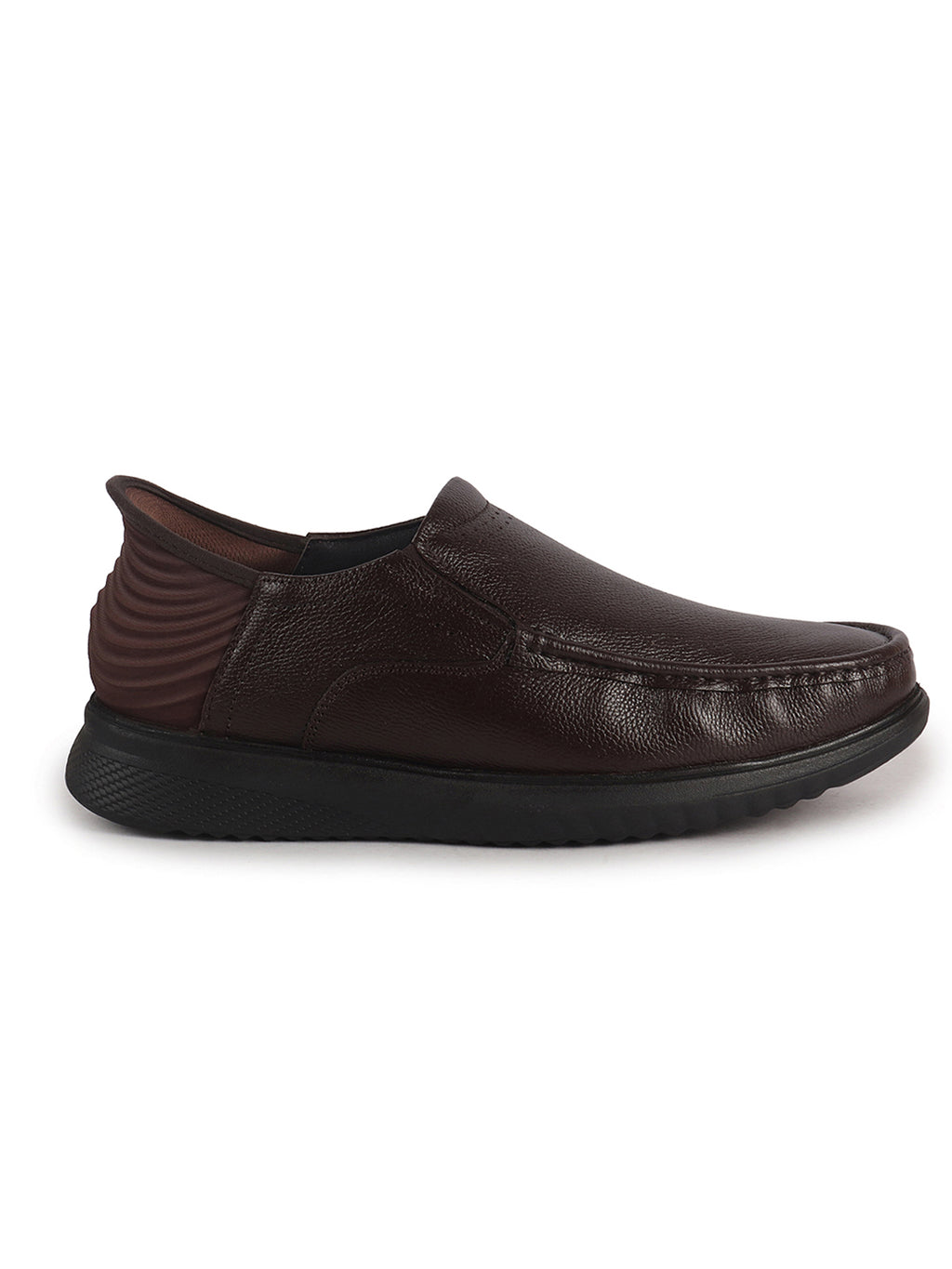 Men Brown Genuine Leather Upper Stitched Round Toe Formal Hands-Free Slip-IN Shoe with Heel Collar Padded|Slip Resistant EVA Sole|Leather Memory Cushioned Insole
