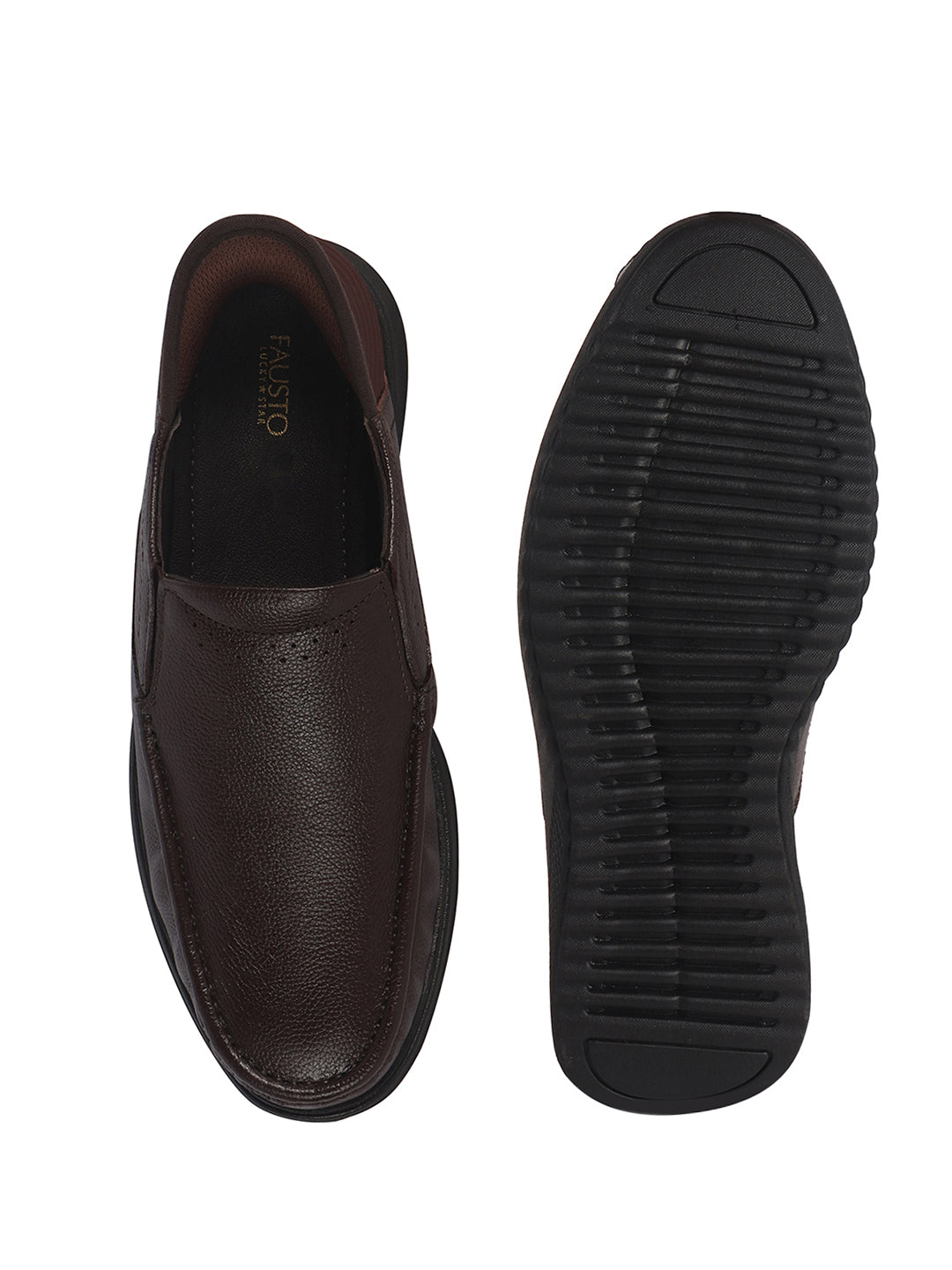 Men Brown Genuine Leather Upper Stitched Round Toe Formal Hands-Free Slip-IN Shoe with Heel Collar Padded|Slip Resistant EVA Sole|Leather Memory Cushioned Insole