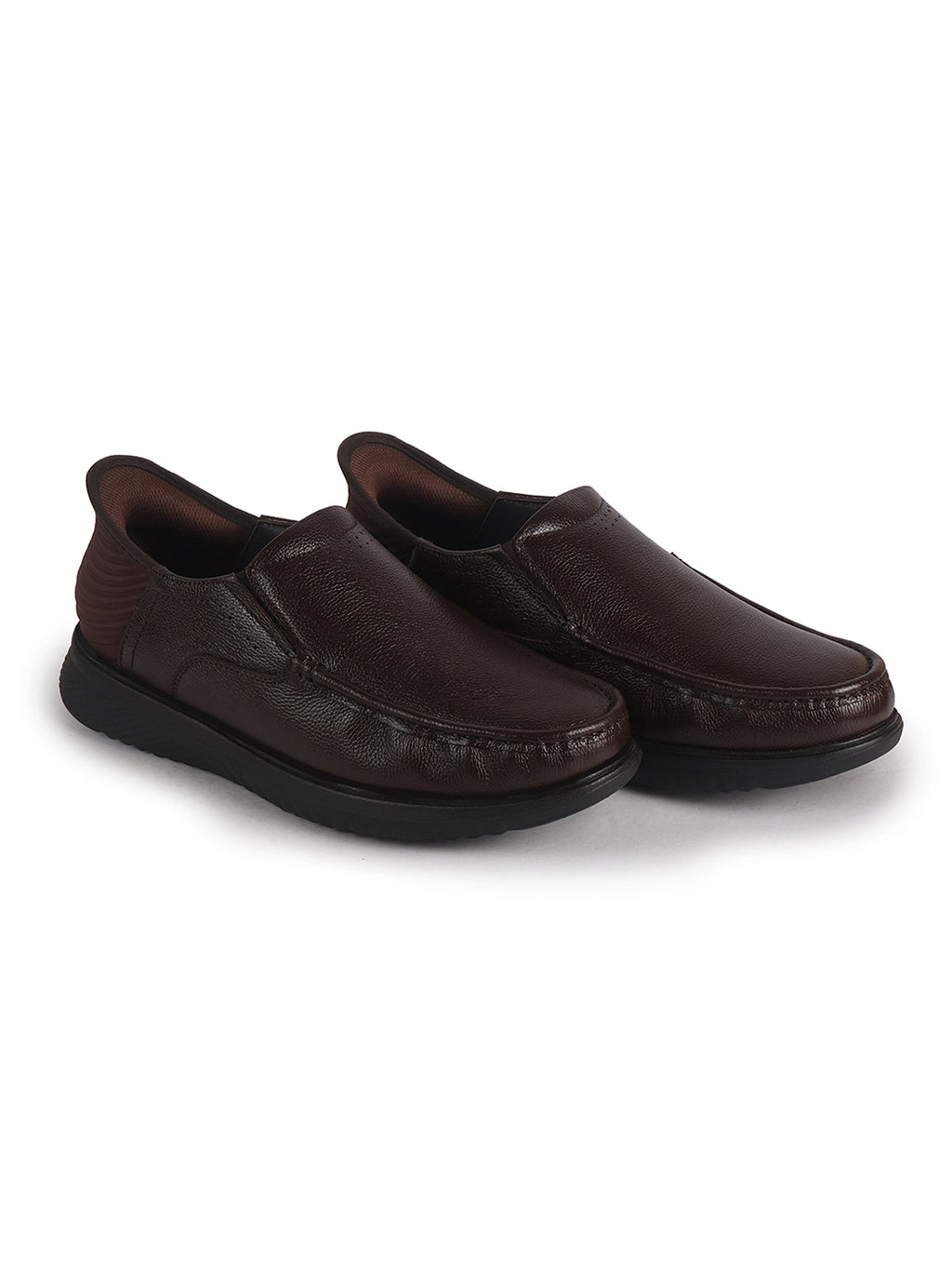 Men Brown Genuine Leather Upper Stitched Round Toe Formal Hands-Free Slip-IN Shoe with Heel Collar Padded|Slip Resistant EVA Sole|Leather Memory Cushioned Insole