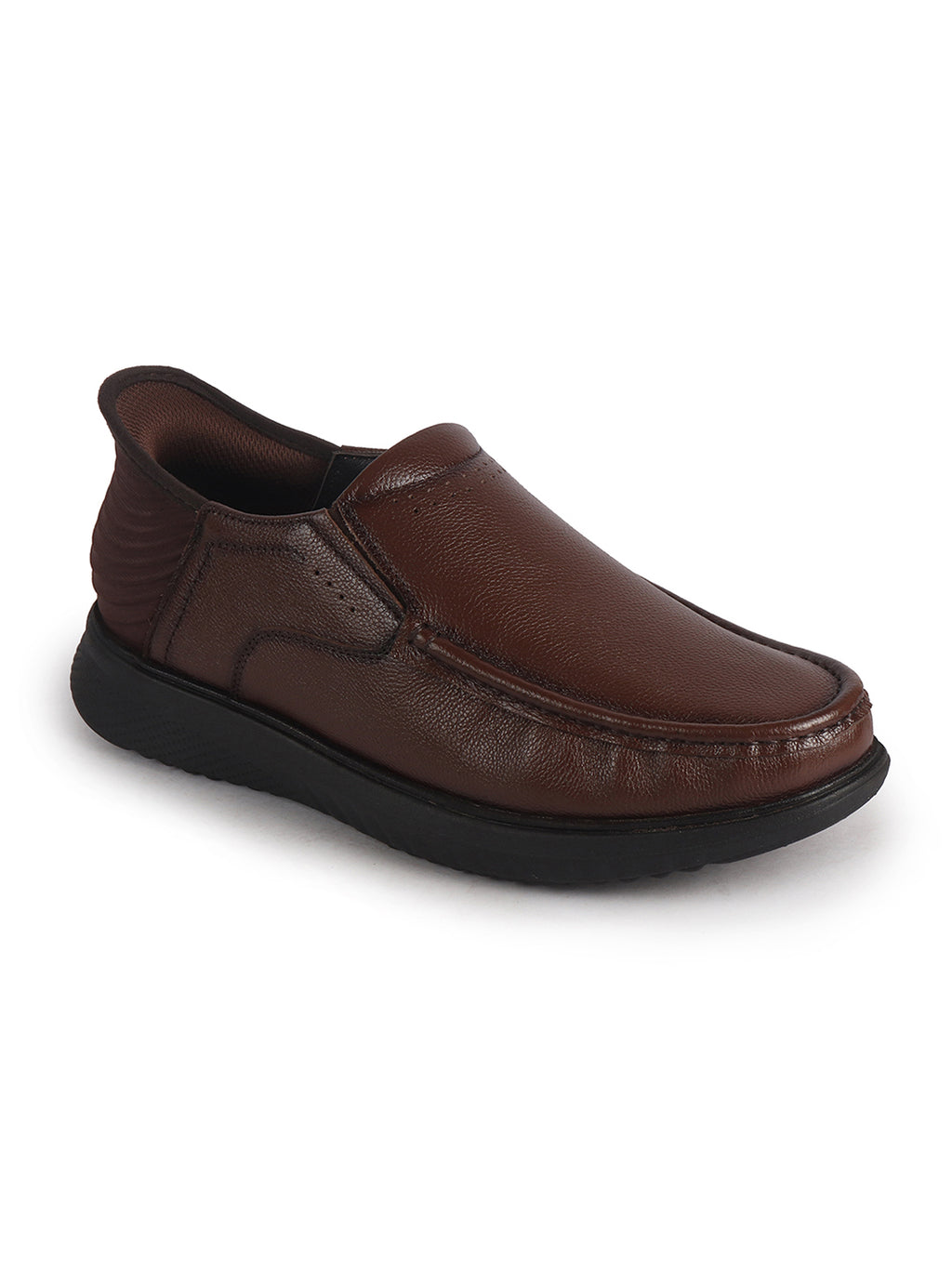 Men Tan Genuine Leather Upper Stitched Round Toe Formal Hands-Free Slip-IN Shoe with Heel Collar Padded|Slip Resistant EVA Sole|Leather Memory Cushioned Insole