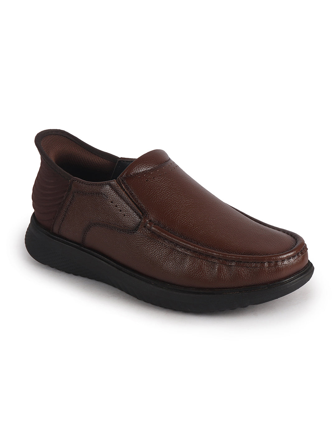 Men Tan Genuine Leather Upper Stitched Round Toe Formal Hands-Free Slip-IN Shoe with Heel Collar Padded|Slip Resistant EVA Sole|Leather Memory Cushioned Insole
