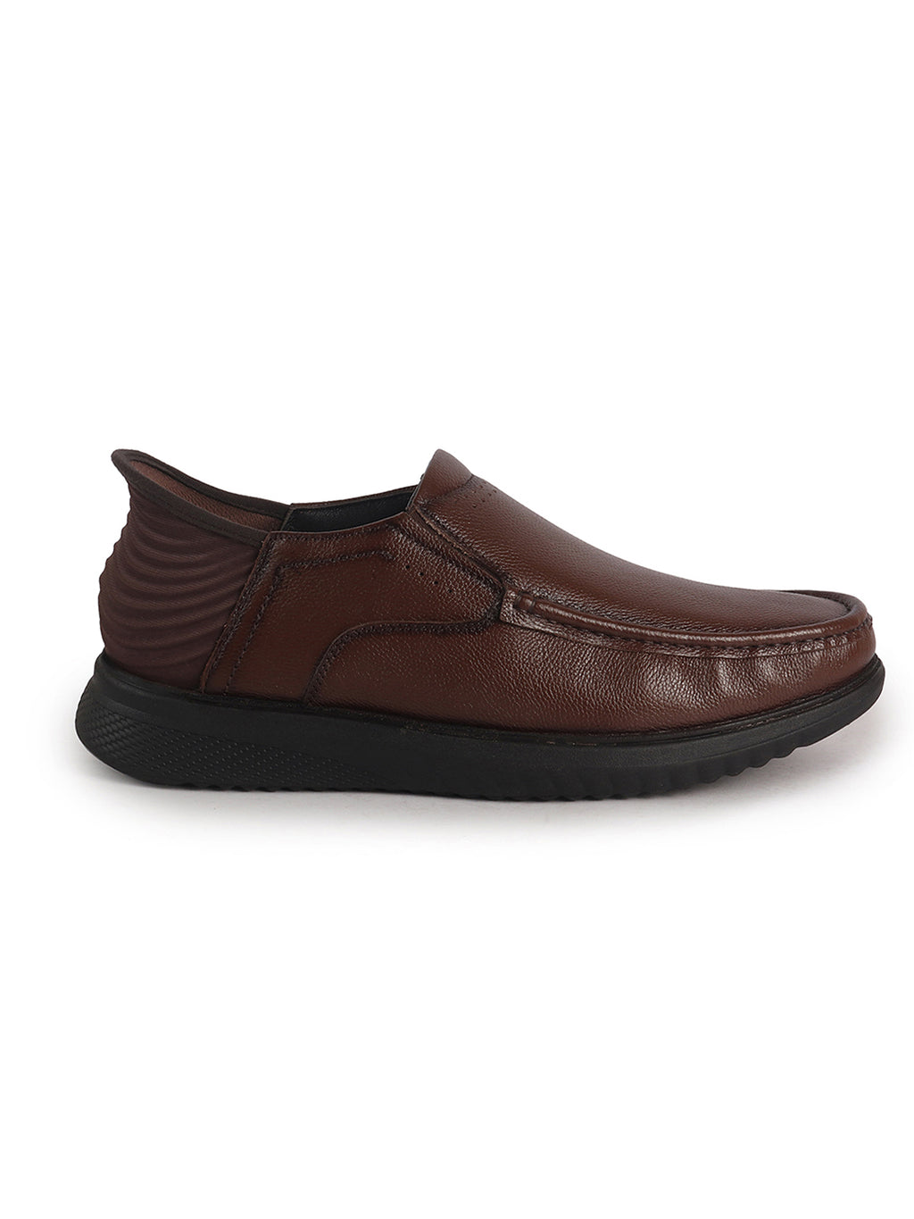 Men Tan Genuine Leather Upper Stitched Round Toe Formal Hands-Free Slip-IN Shoe with Heel Collar Padded|Slip Resistant EVA Sole|Leather Memory Cushioned Insole
