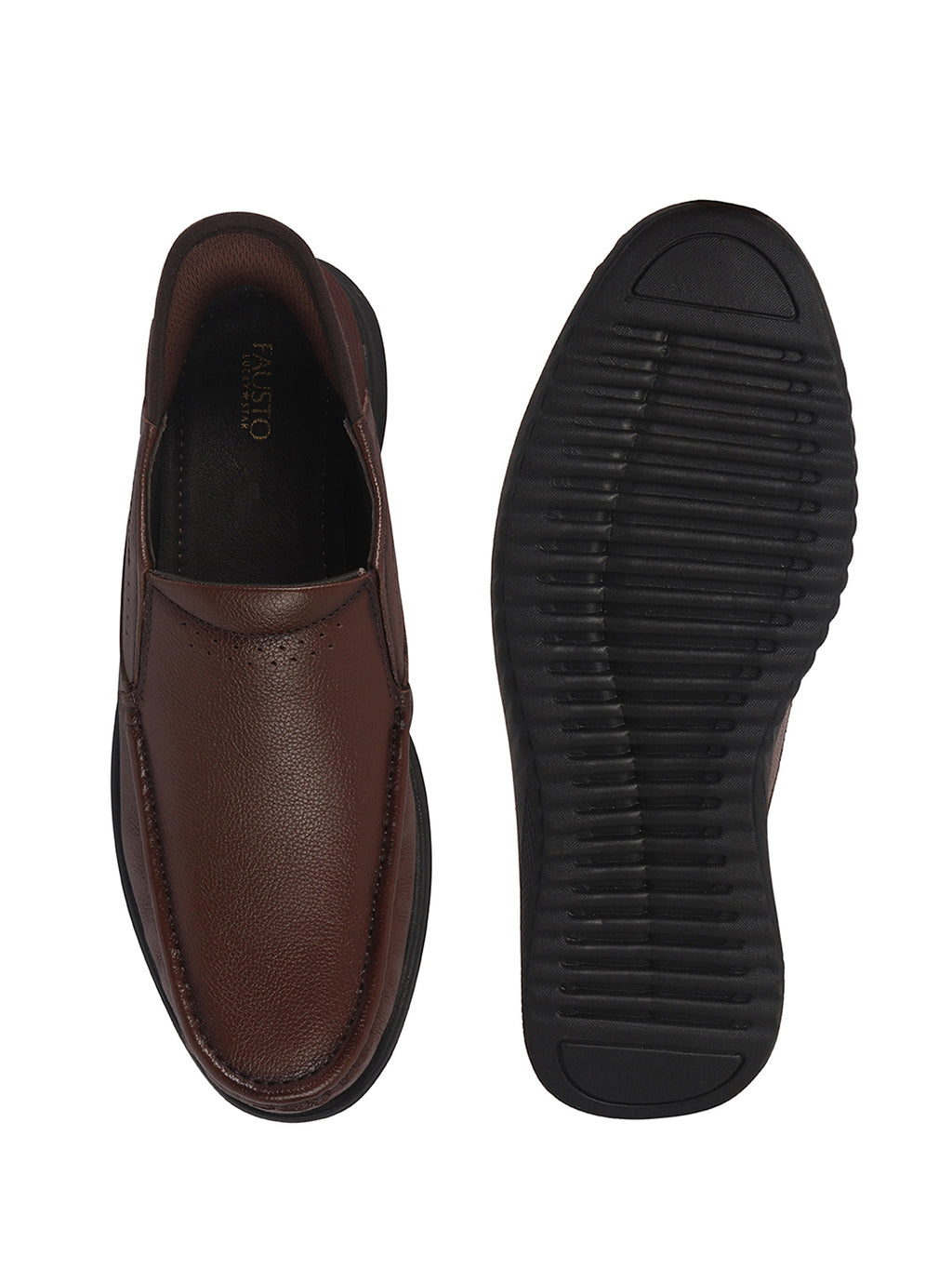 Men Tan Genuine Leather Upper Stitched Round Toe Formal Hands-Free Slip-IN Shoe with Heel Collar Padded|Slip Resistant EVA Sole|Leather Memory Cushioned Insole