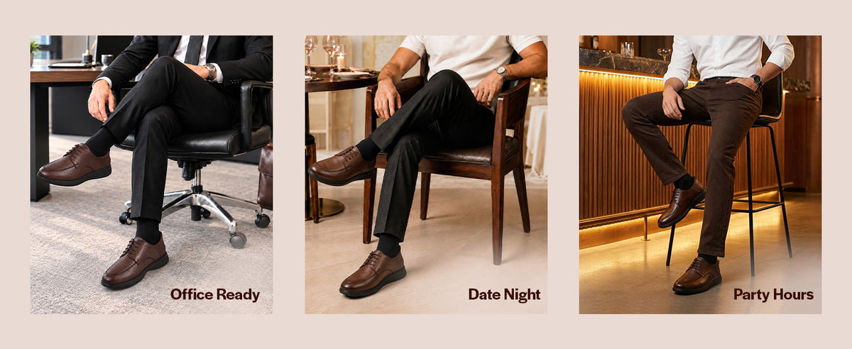Men Tan Genuine Leather Upper Round Toe Formal Office Lace Up Derby Shoe with Easy Hands-Free Slip-IN|Anti Skid EVA Sole|Leather Memory Cushioned Insole