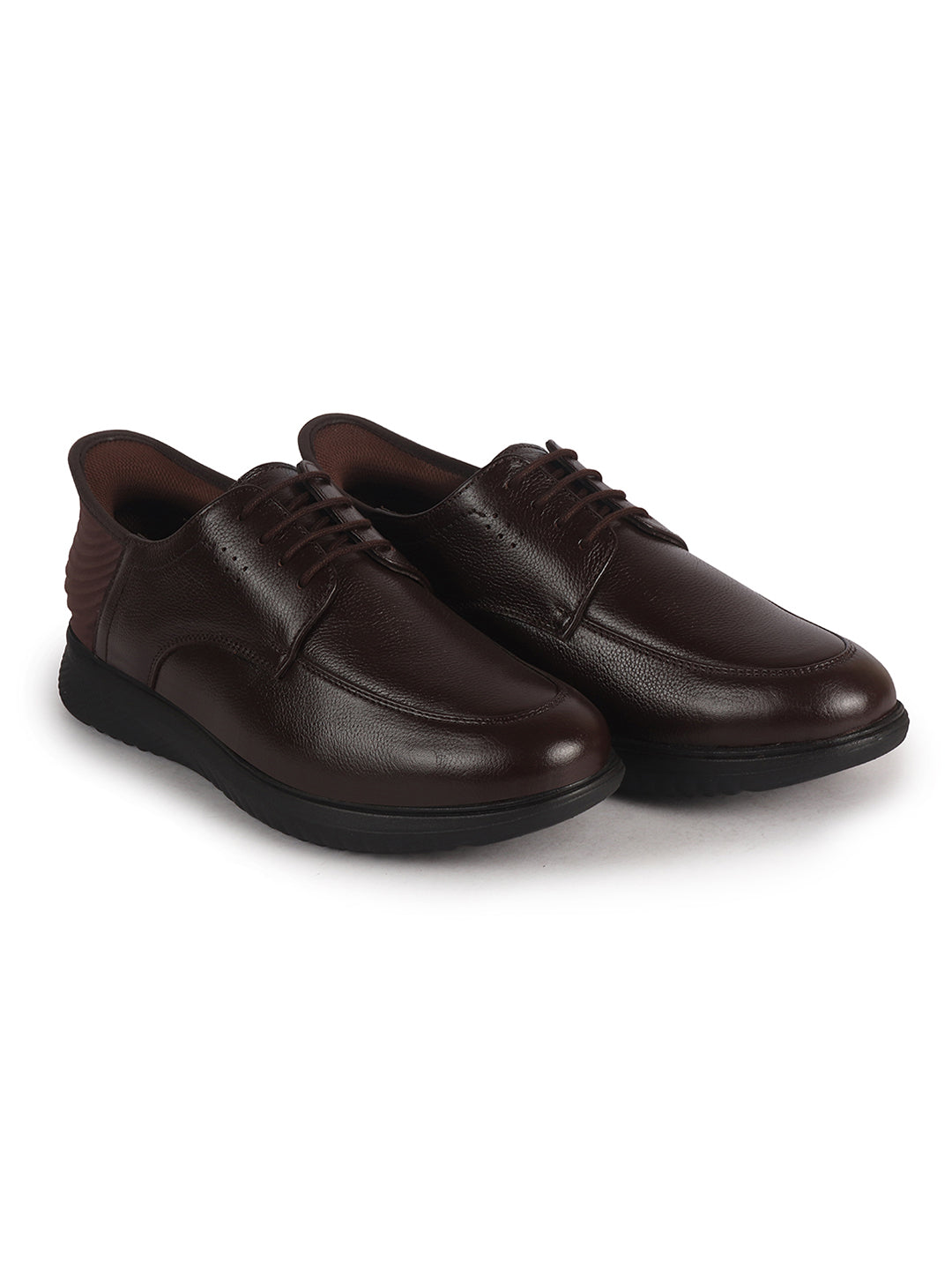 Men Brown Genuine Leather Upper Round Toe Formal Office Lace Up Derby Shoe with Easy Hands-Free Slip-IN|Anti Skid EVA Sole|Leather Memory Cushioned Insole