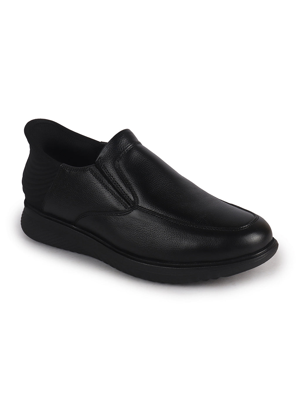 Men Black Genuine Leather Upper Stitched Round Toe Formal Hands-Free Slip-IN Shoe with Heel Collar Padded|Flatform Durable EVA Sole|Leather Memory Cushioned Insole
