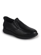 Men Black Genuine Leather Upper Stitched Round Toe Formal Hands-Free Slip-IN Shoe with Heel Collar Padded|Flatform Durable EVA Sole|Leather Memory Cushioned Insole