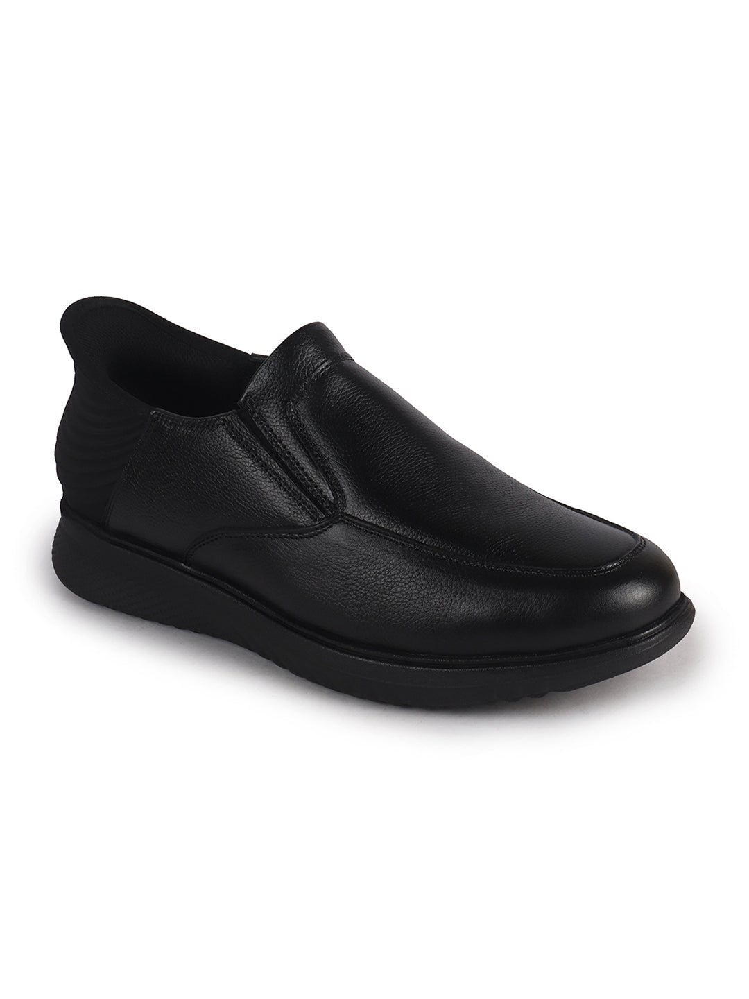 Men Black Genuine Leather Upper Stitched Round Toe Formal Hands-Free Slip-IN Shoe with Heel Collar Padded|Flatform Durable EVA Sole|Leather Memory Cushioned Insole