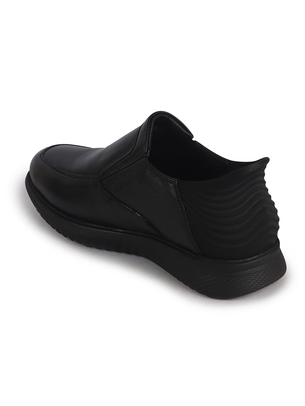 Men Black Genuine Leather Upper Stitched Round Toe Formal Hands-Free Slip-IN Shoe with Heel Collar Padded|Flatform Durable EVA Sole|Leather Memory Cushioned Insole