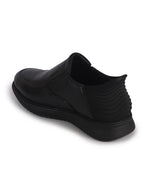Men Black Genuine Leather Upper Stitched Round Toe Formal Hands-Free Slip-IN Shoe with Heel Collar Padded|Flatform Durable EVA Sole|Leather Memory Cushioned Insole